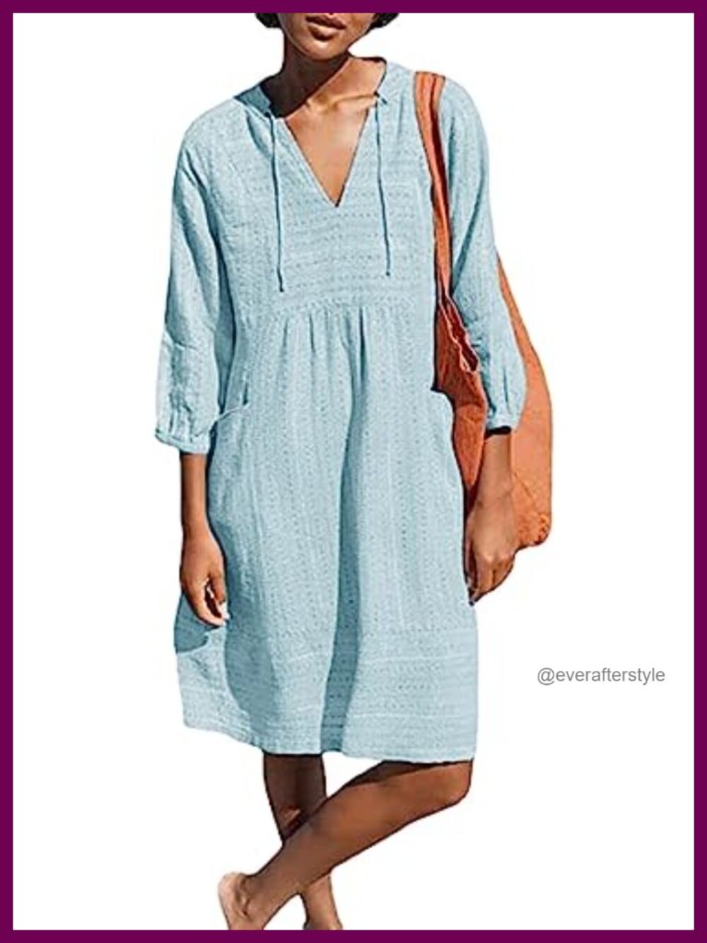 Womens V Neck Cotton 3/4 Sleeve Shift Dress with Pockets Casual Summer